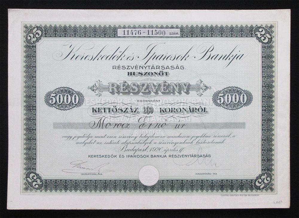 Kereskedk Iparosok Bankja rszvny 5000 korona 1920